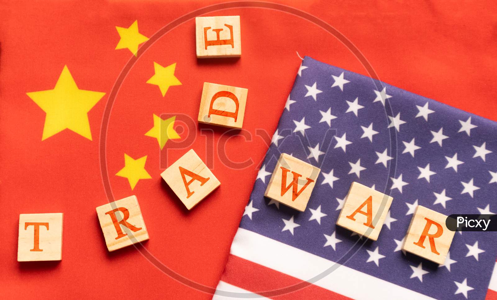 China-Us Trade War Concept - Flag Of China And The United States With Wooden Block Letters