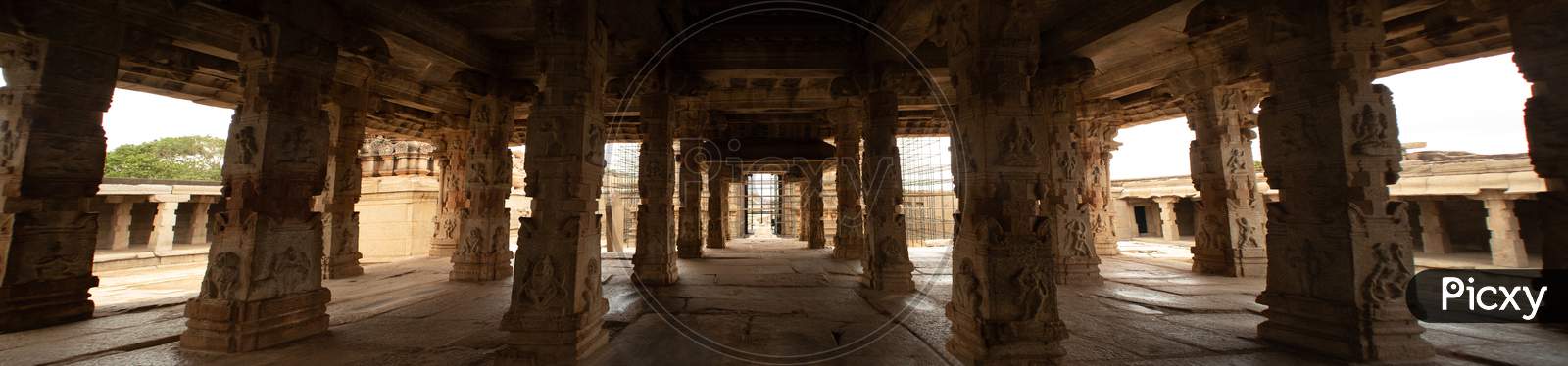 Inner Panoramic View Of Ruined Sri Krishna Temple Rock Piller Architecture Of Hampi, India.