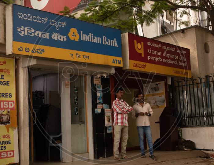 Bangalore India June 3, 2019 :People Talking Infront Of The Indian Bank Atm And Punjab National Bank Atm At Bangalore Railway Station.