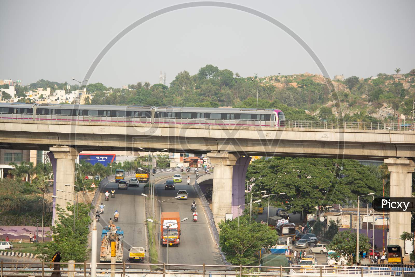 Bangalore India June 1, 2019 :Bengaluru Metro Train Moving On The Bridge New Mysore Road Bengaluru, India