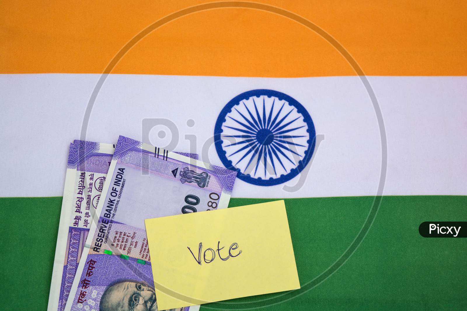 Political Corruption In India And Concept The Purchase Of Votes In Elections On Indian Flag.