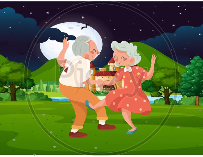 Old Couple Dancing In The Park At Night