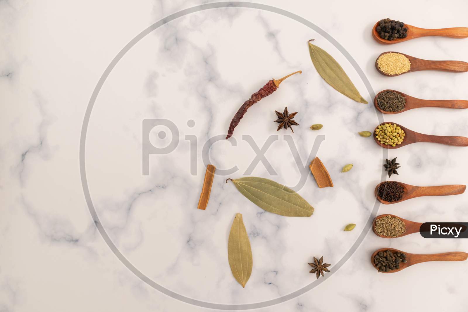 Cinnamon stick, Dried Red Chili, Star Anise, Elachi, Black Pepper, Jira, dill seeds, coriander seeds, biriyani leaves and cloves
