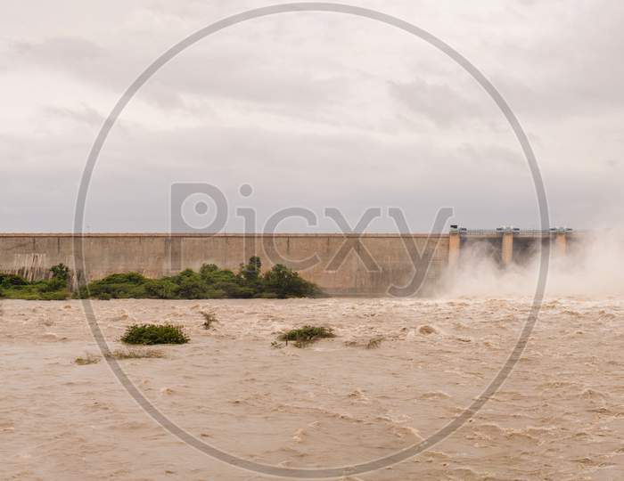 Panoramic Image Of Water Filled In Dam Due To Heavy Rain And The Gates Of The Reservior Is Opened To Release The Wtarer From The Reservoir Or Dam.