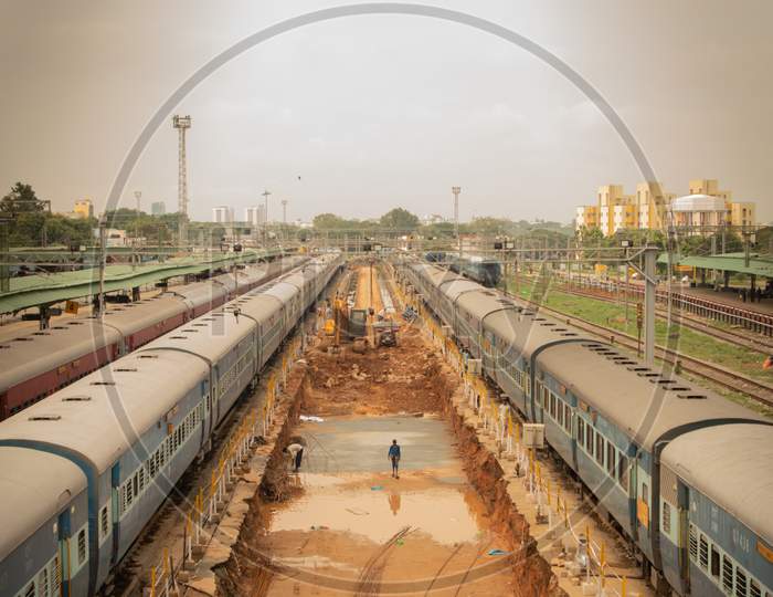 Bengaluru, India - June 03,2019 :Aerial View Of Busy People In Construction Work Of Railway Track At Bangalore Railway Station During Morning Time.