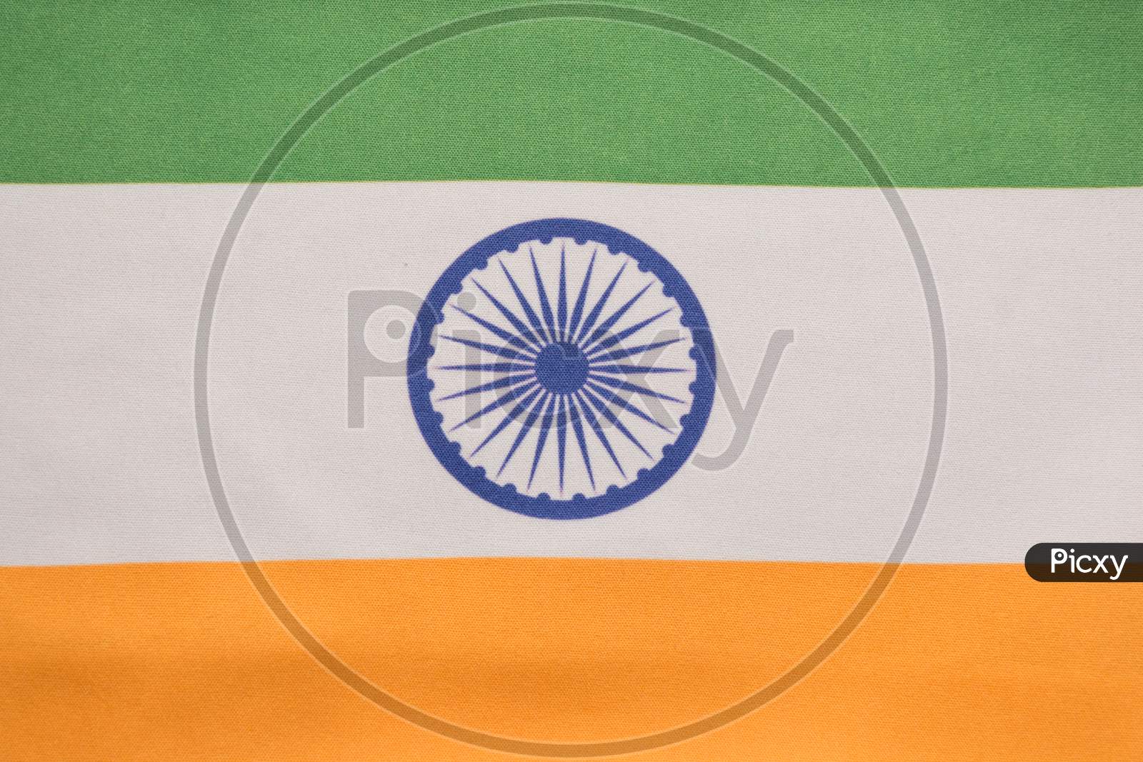 Closeup Of National Indian Flags Ashoka Chakra - Tricolor