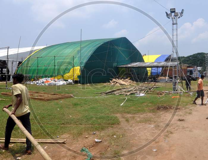 Workers  Build A Quarantine Center For Treating Critical Covid-19 Patients, At A Veterinary College In Khanapara Area Of Guwahati On June 8,2020.