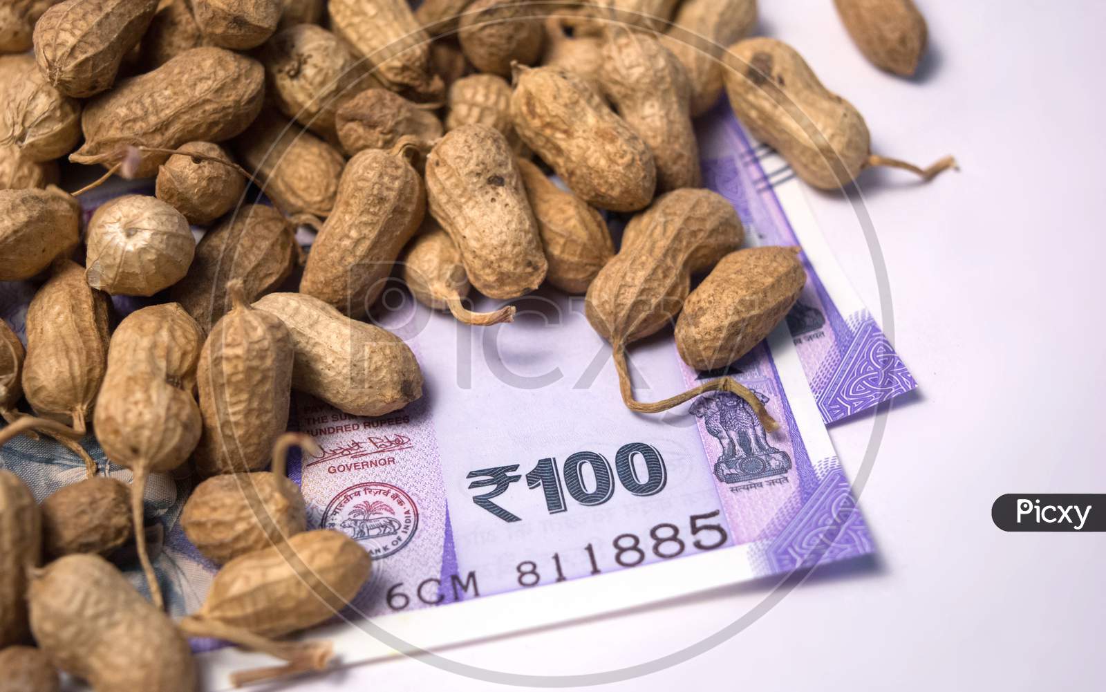 Close Up Of Peanuts Or Groundnuts With Indian Currency Below On Isolated Background