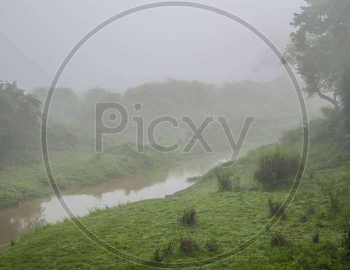 Landscape of lake and river in the morning time with fog at Kaziranga national park, Assam, India.