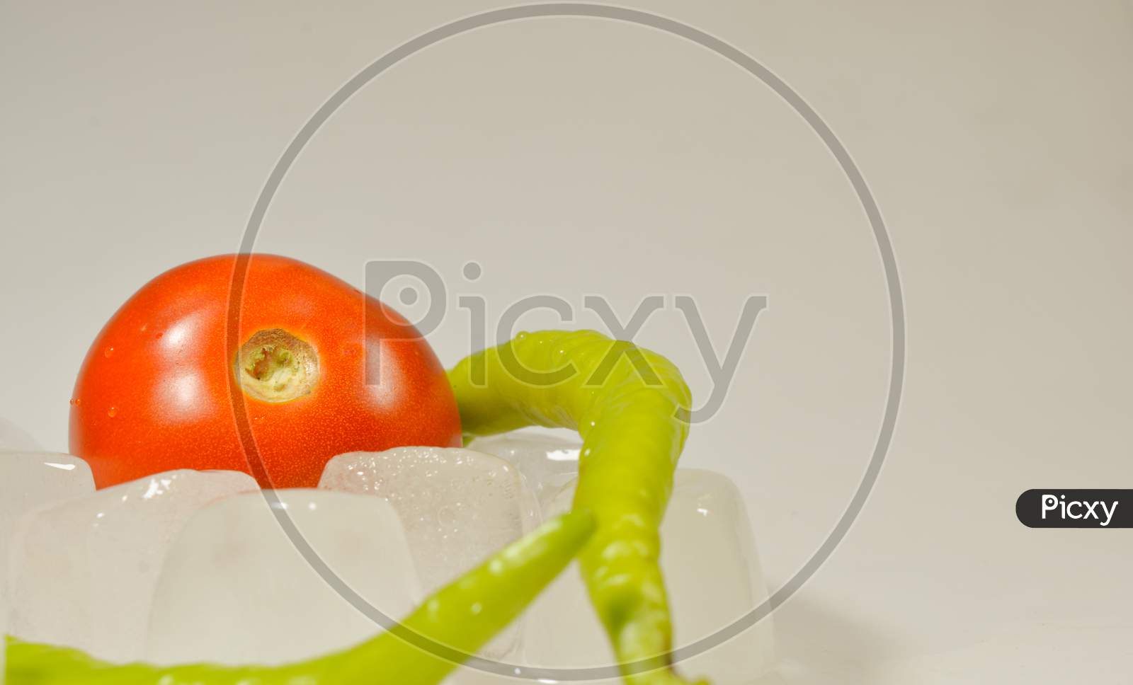 Tomato and Chillies with the ice cubes Cubes isolated with white background