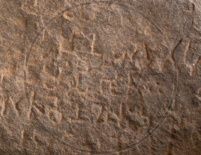 Close Up Of Inscriptions Of Emperor Ashoka On Rock Boulder At Maski, Raichur, India