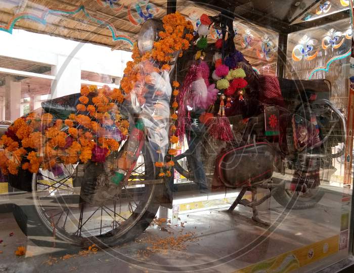 Bullet motorcycle of Om Banna Sa in Chotila village of Jodhpur, Rajasthan