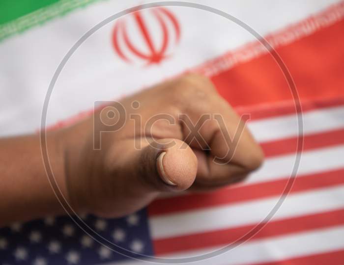 Concept Of Bilateral Relations Of Us And Iran Deal Showing With Flag And Hands Showing Of Deal Gesture
