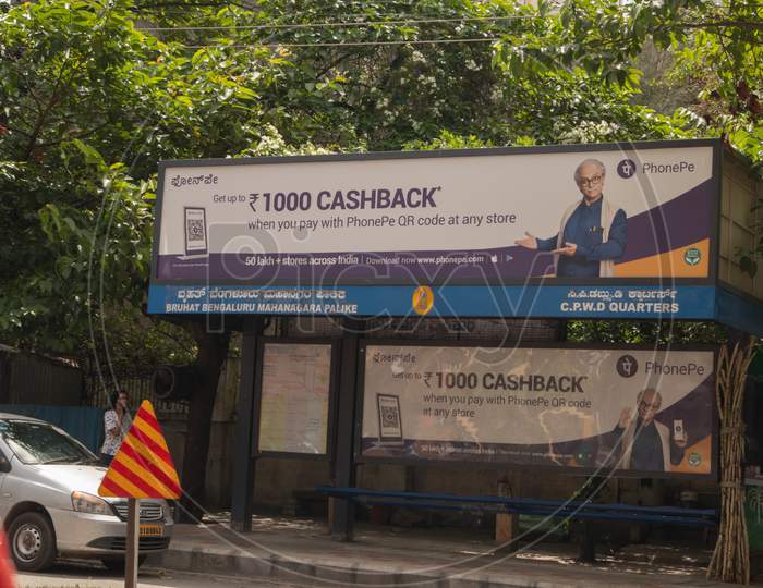 Bengaluru, India June 27, 2019 : Phonepe Billboard Ad At The Bmtc Busstop, Bengaluru, India