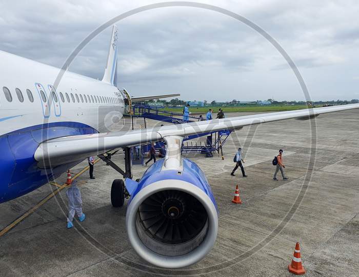 6Th June 2020- Bagdogra Airport,Siliguri, West Bengal, India-Passengers In Protective Gear Decends From Flight After Indigo Airlines Land At Bagdogra Airport
