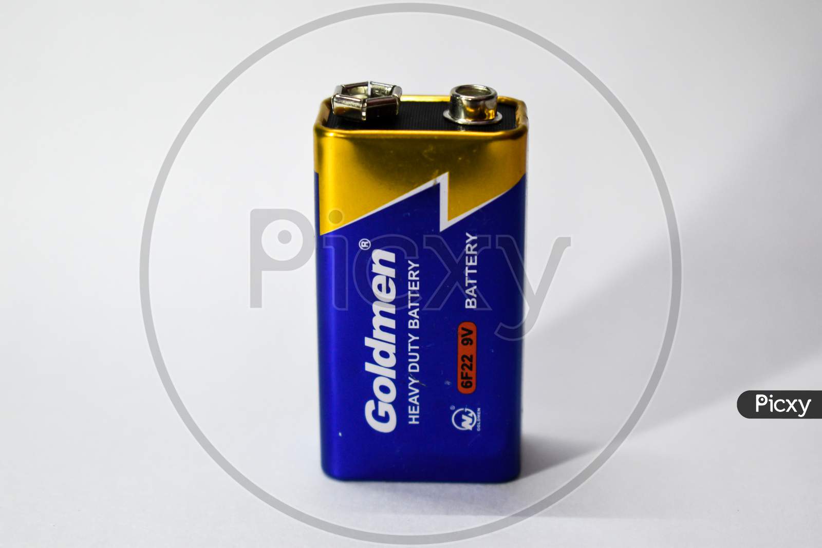 07/06/2020- Kerala,India: Close-Up Of A 9V Dry Cell Battery Of Goldmen Brand On White Background. Selective Focus Applied.