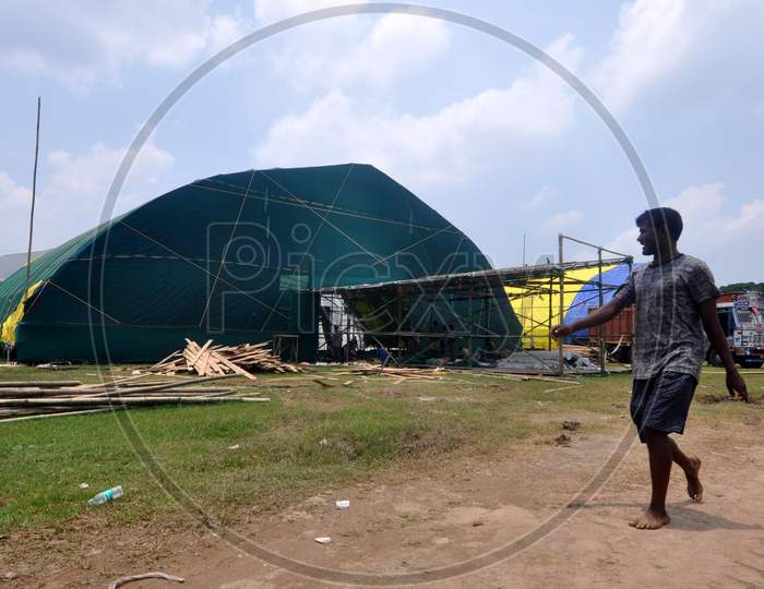 Workers Build A Quarantine Center For Treating Critical Covid-19 Patients, At A Veterinary College In Khanapara Area Of Guwahati On June 8,2020.