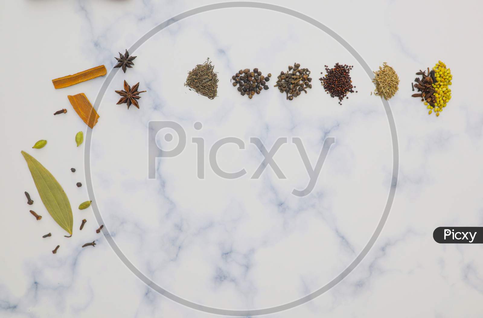 Cinnamon stick, Dried Red Chili, Star Anise, Elachi, Black Pepper, Jira, dill seeds, coriander seeds, biriyani leaves and cloves