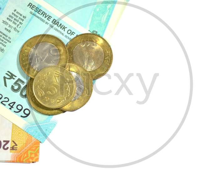 New Indian 50 And 200 Rupees With 10 And 5 Rupees Coins On White Isolated White Background