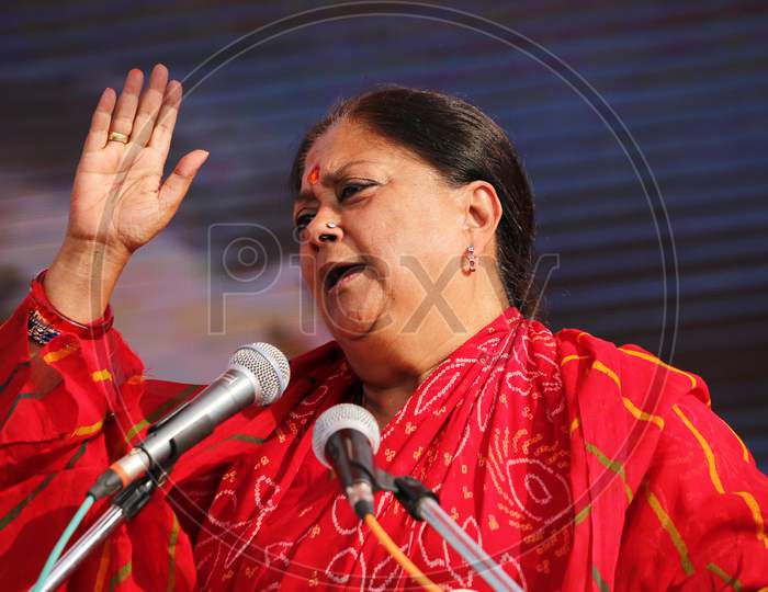Vasundhara Raje, Former Chief Minister Of Rajasthan State And current National Vice President of Bhartiya Janta Party (BJP) addressing in a public event before General Elections in Rajasthan, Bhilwara, December, 2018.