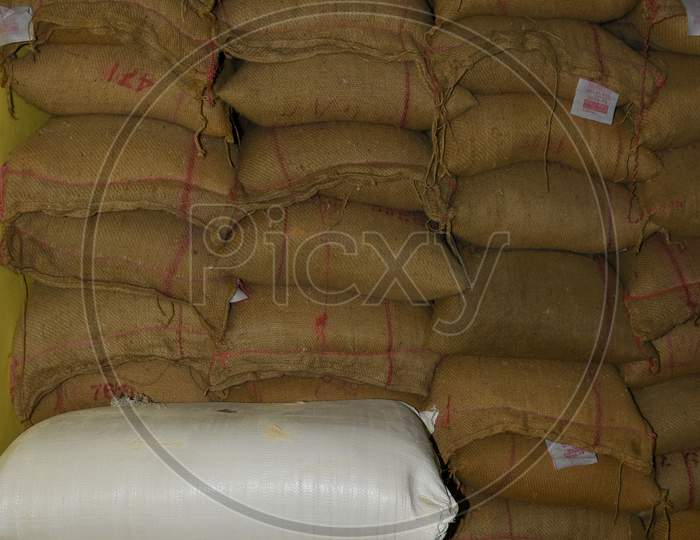 Relief rice stock for distribution to the poor people during corona Pandemic .