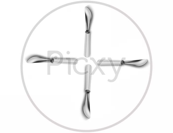 Four Cross Shape Arranged Silver Metal Cooking Spatula Isolated On A White Background