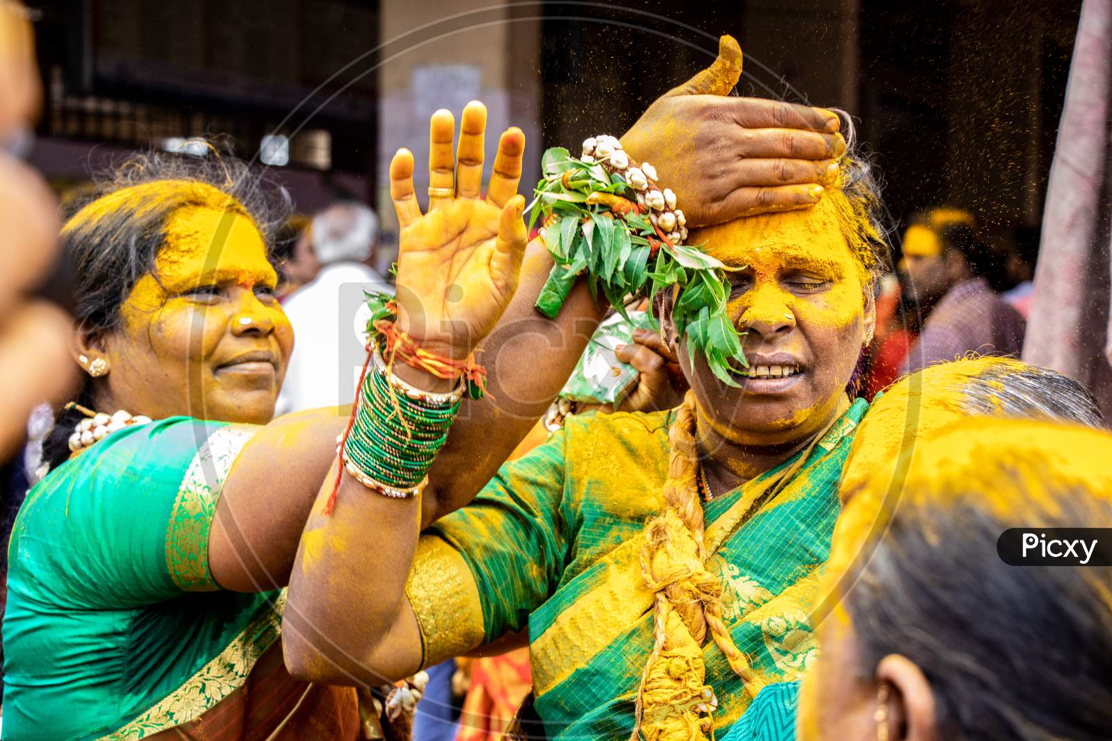Indian Hindu Devotee In Trance During Bonalu Festival At Renuka Yellamma Temple in Hyderabad
