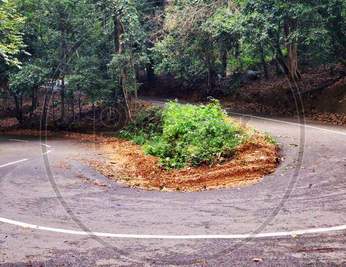 A Hairpin Bend Road Within A Forest In Ponmudi, Kerala, India