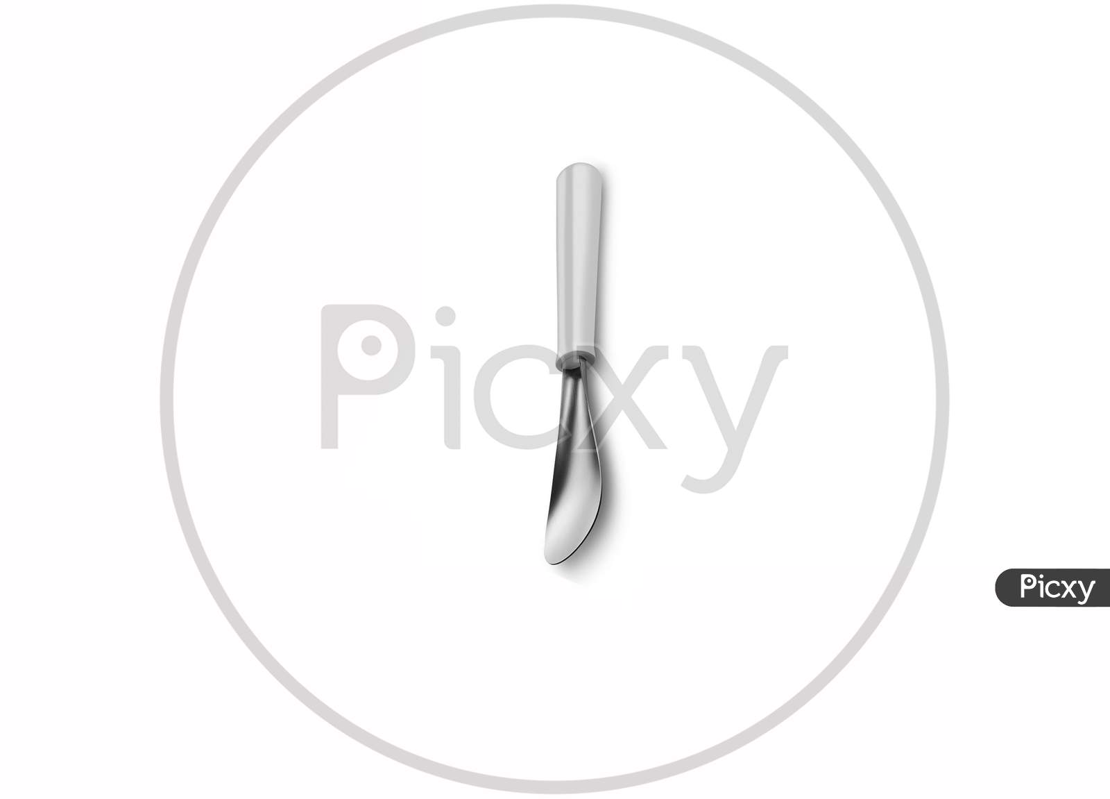 Vertically Kept One Silver Metal Cooking Spatula Isolated On A White Background