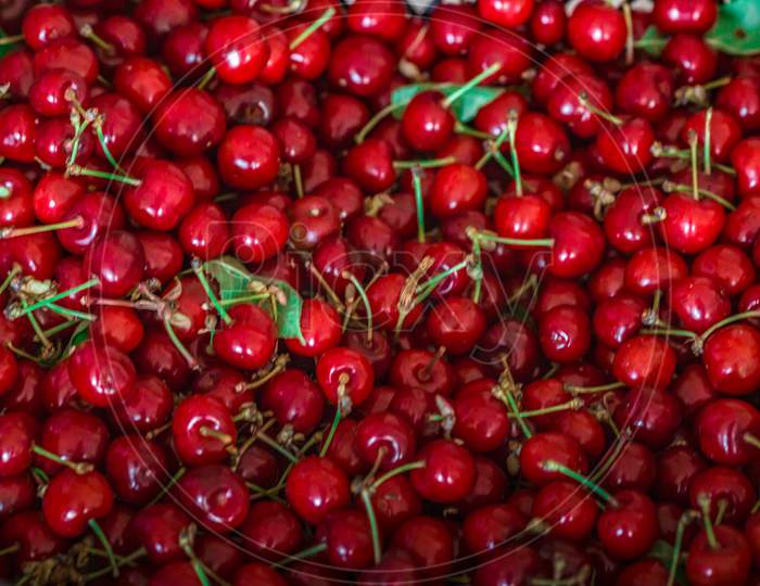 Red Cherries. Close up of pile of ripe cherries with stalks and leaves. Large collection of fresh red cherries. Ripe cherries background.