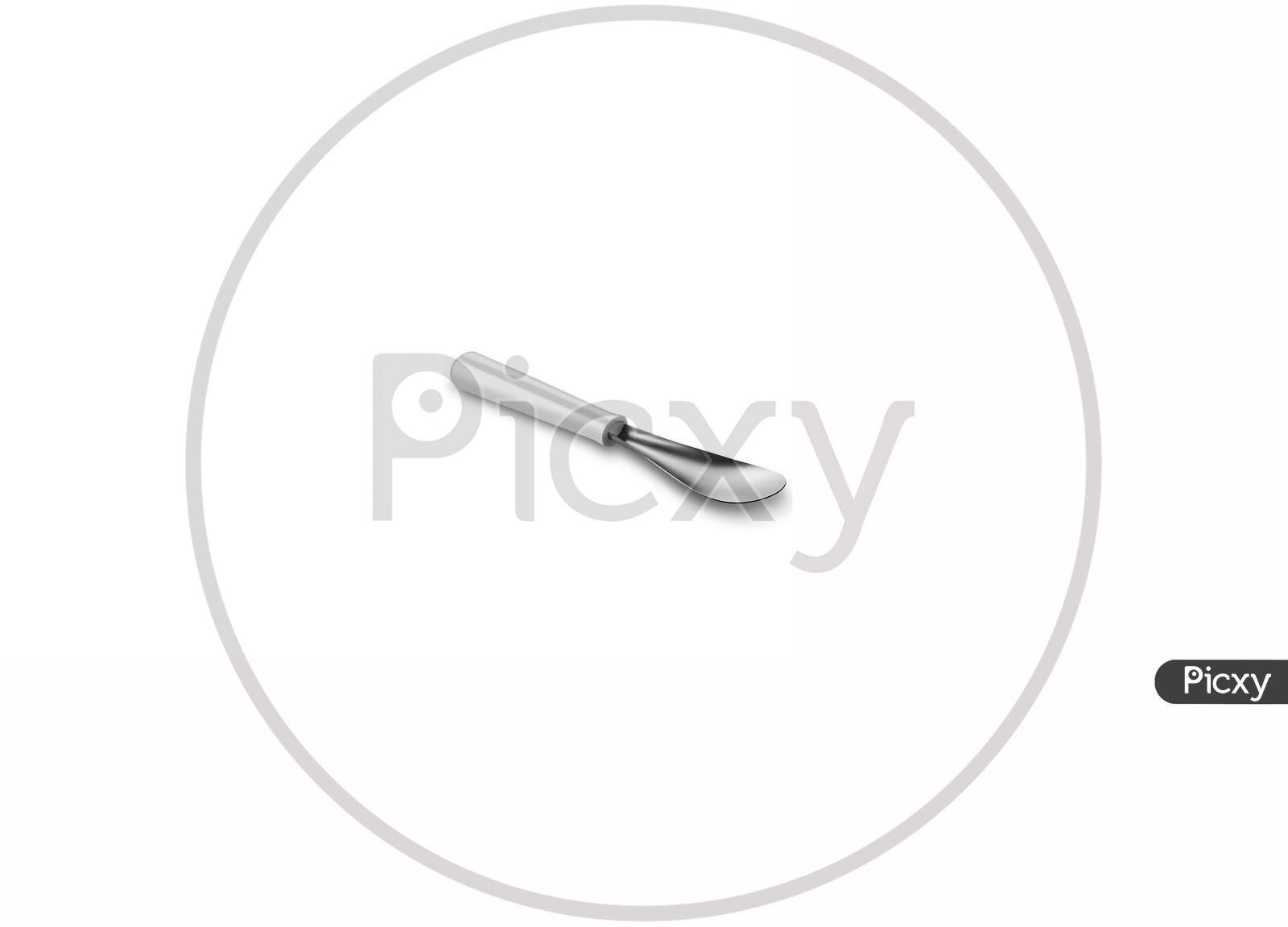 Diagonally Kept One Silver Metal Cooking Spatula Isolated On A White Background
