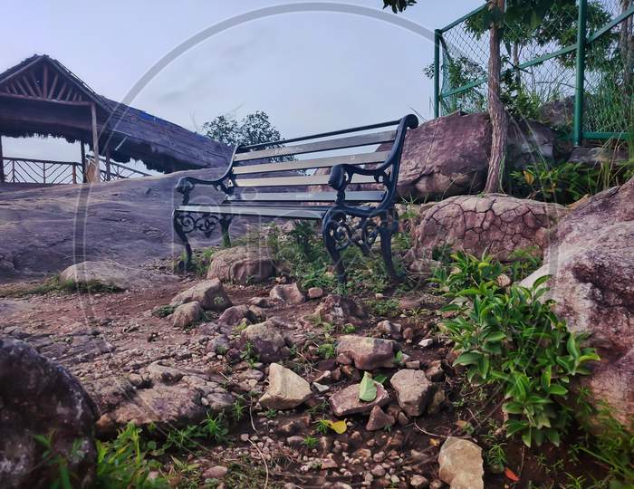 Vacant Iron Bench On A Rocks In Madavoorpara Shiva Rock Temple I
