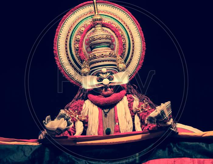 Kathakali artist pointing out his foe in performance on May 19,2018 in Bengaluru,India