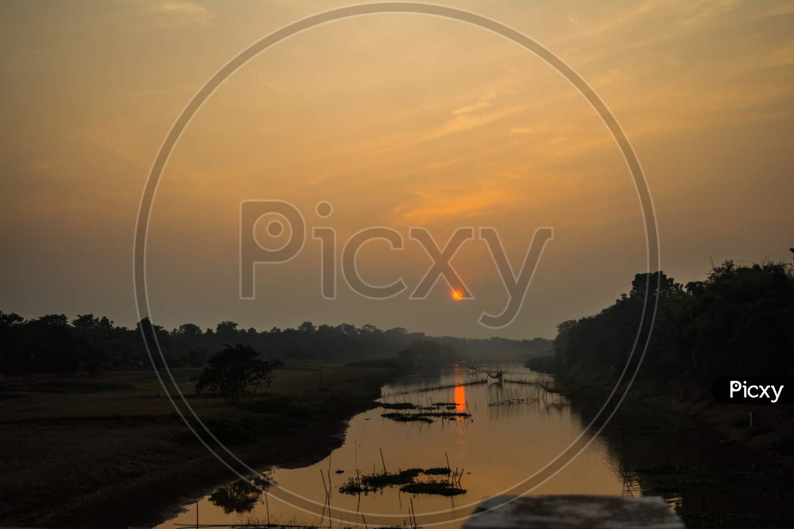 Sunset View with lake and river in the evening at Kaziranga Assam, India.