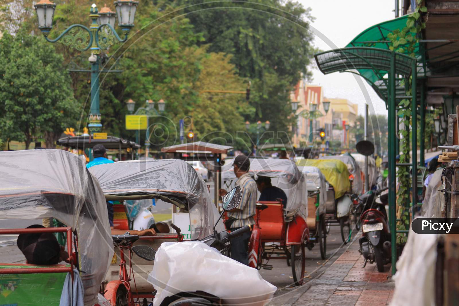 Rickshaws Waiting In Line On Malioboro, Yogyakarta