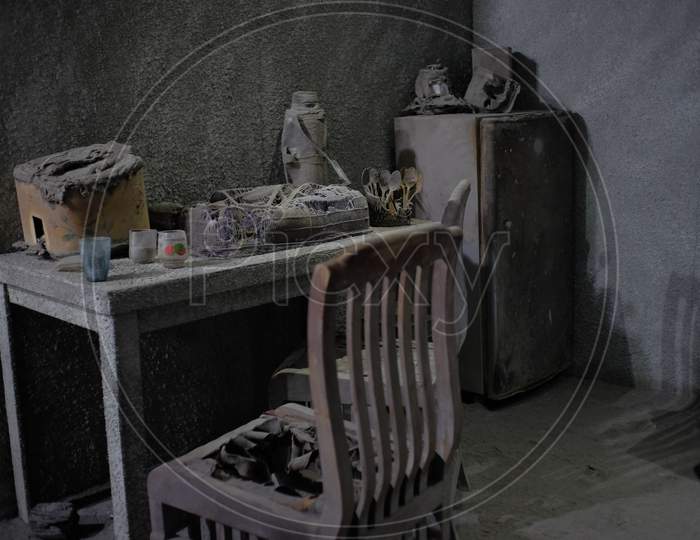 Artifacts of household appliances such as tables, chairs, refrigerators, in a house of Merapi eruption victims affected