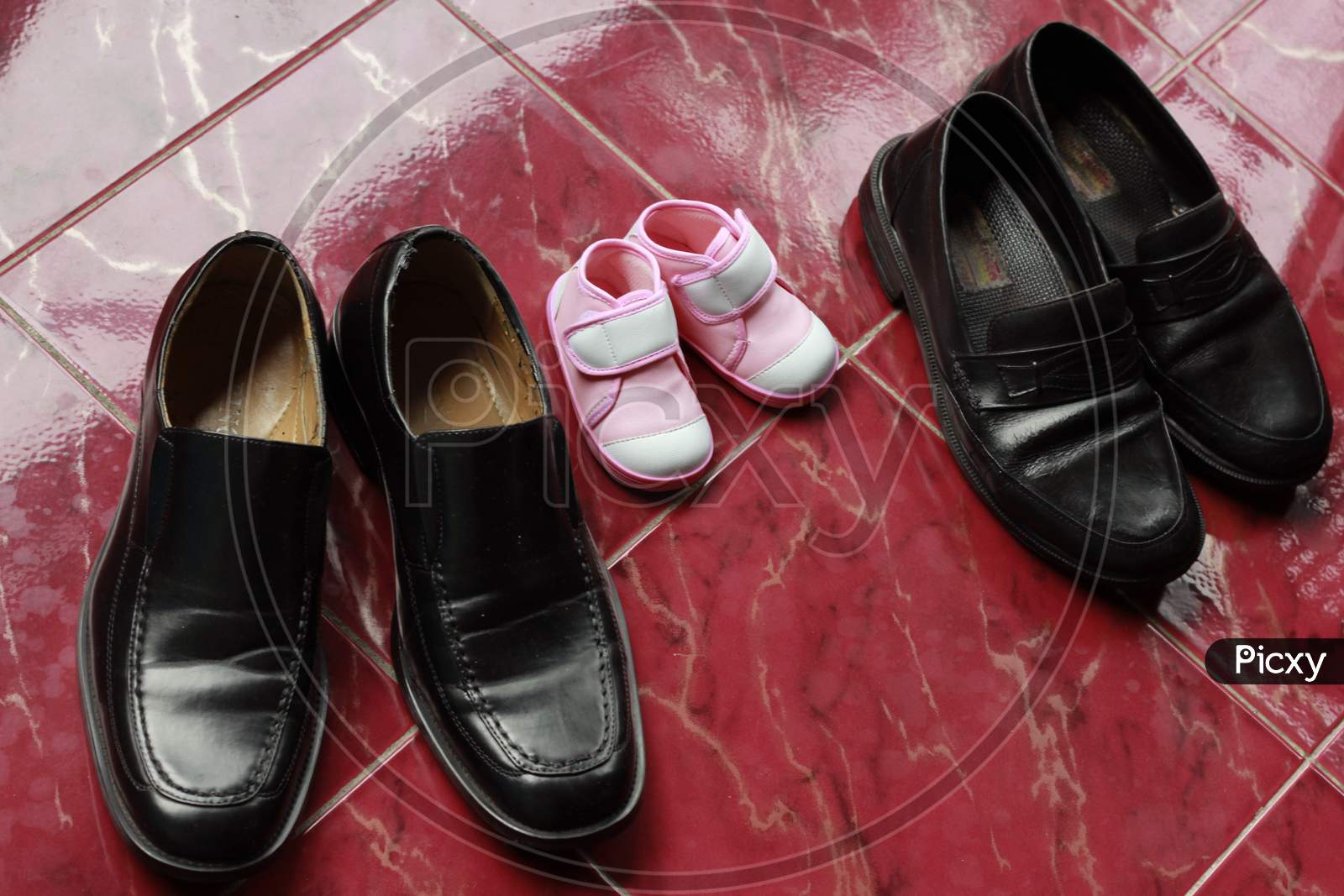 Girl baby shoes between two pairs of adult leather shoes