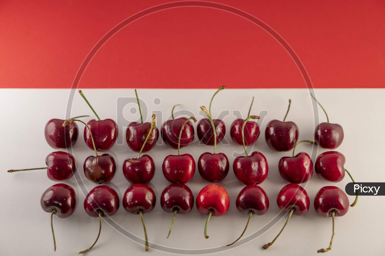 Fresh red cherries on a red and white background. Photo has empty space for text.