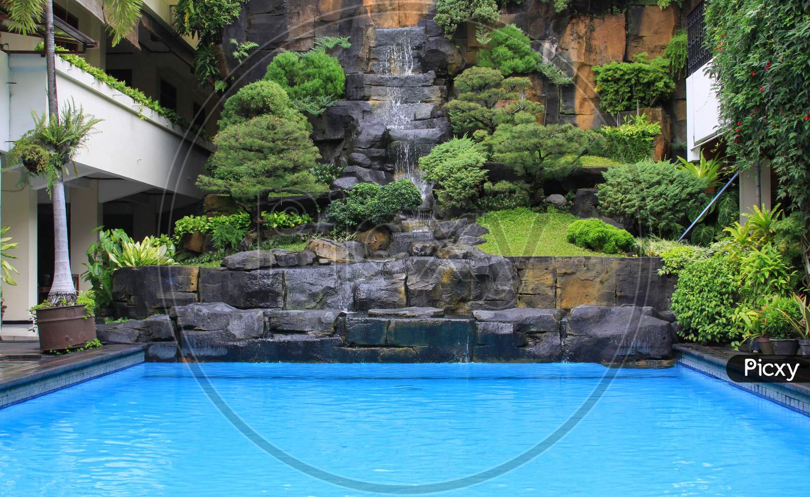 Waterfall And Plants Next To Swimming Pool Design