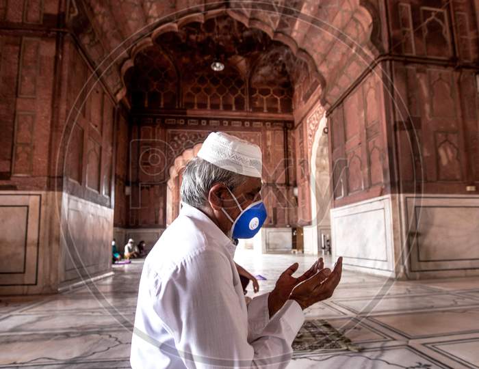 Muslims offer Prayers Inside Jama Masjid After The Opening Of Most Of The Religious Places As India Eases Lockdown Restrictions That Were Imposed To Slow The Spread Of The Coronavirus Disease (Covid-19), In The Old Quarters Of Delhi, India, June 8, 2020.