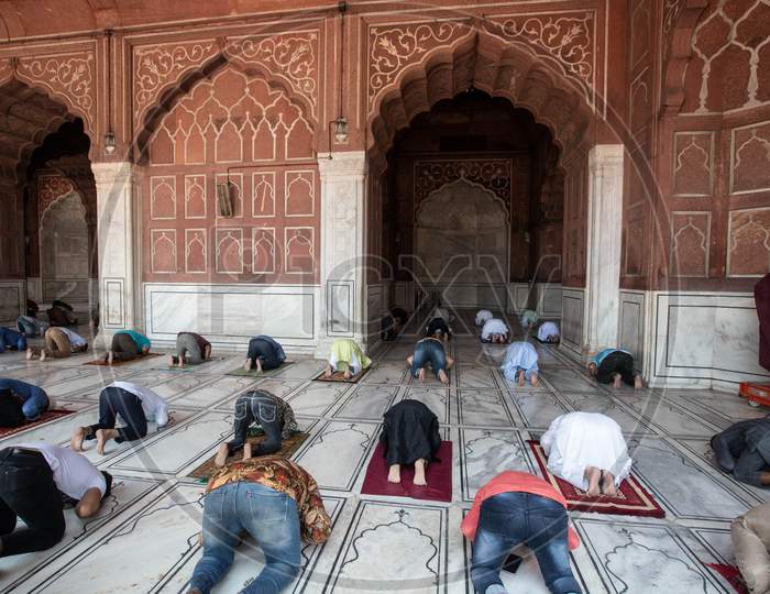 Muslims offers prayer Inside Jama Masjid After The Opening Of Most Of The Religious Places As India Eases Lockdown Restrictions That Were Imposed To Slow The Spread Of The Coronavirus Disease (Covid-19), In The Old Quarters Of Delhi, India, June 8, 2020.