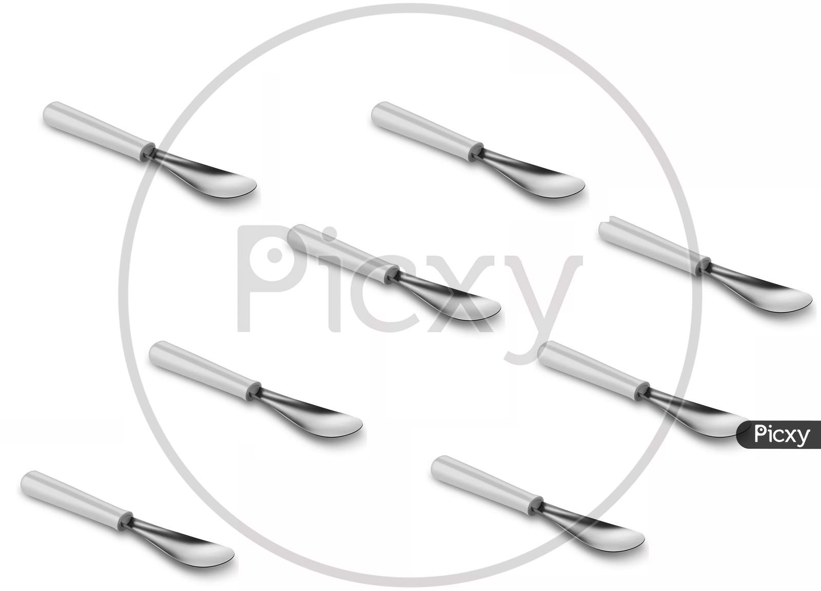 Diagonally Arranged Eight Silver Metal Cooking Spatula Isolated On A White Background