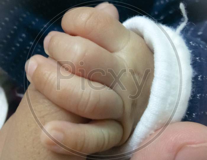 New born baby's hand holding mother's hand.