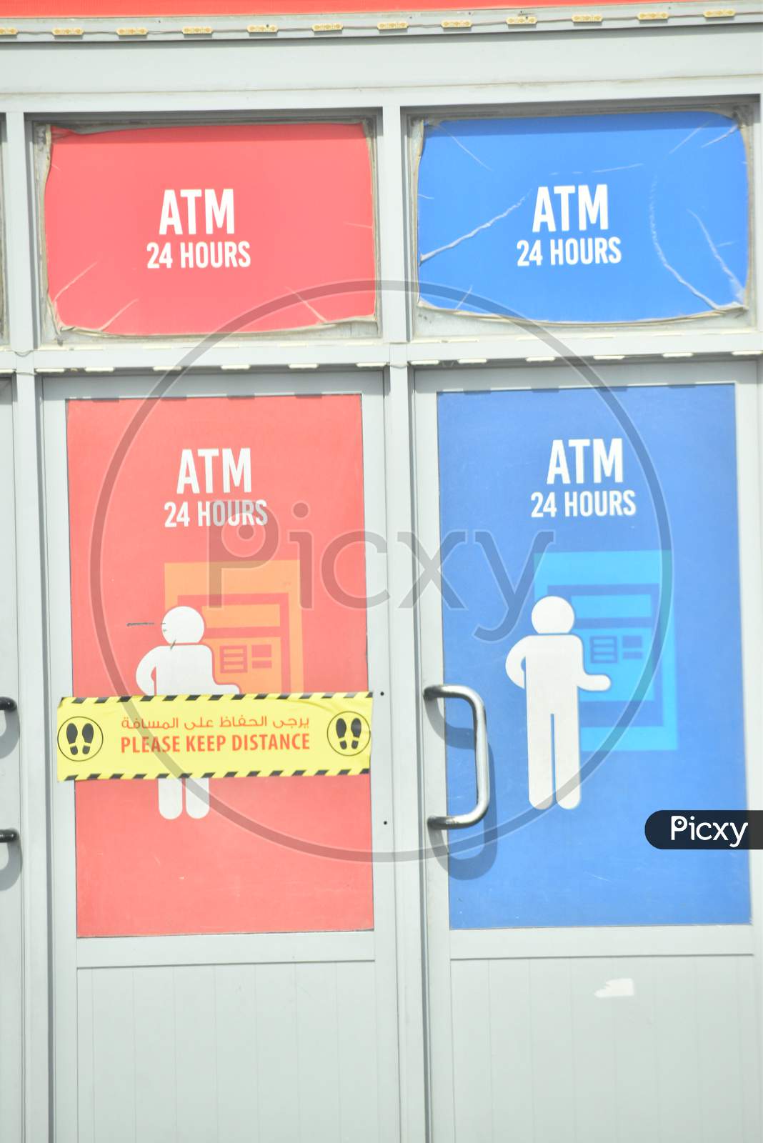 Red And Blue Painted Atm Counter .