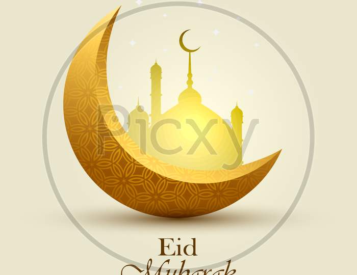Eid Mubarak Moon And Mosque, Stay Blessed Realistic Greeting Wish Card, Vector Illustration