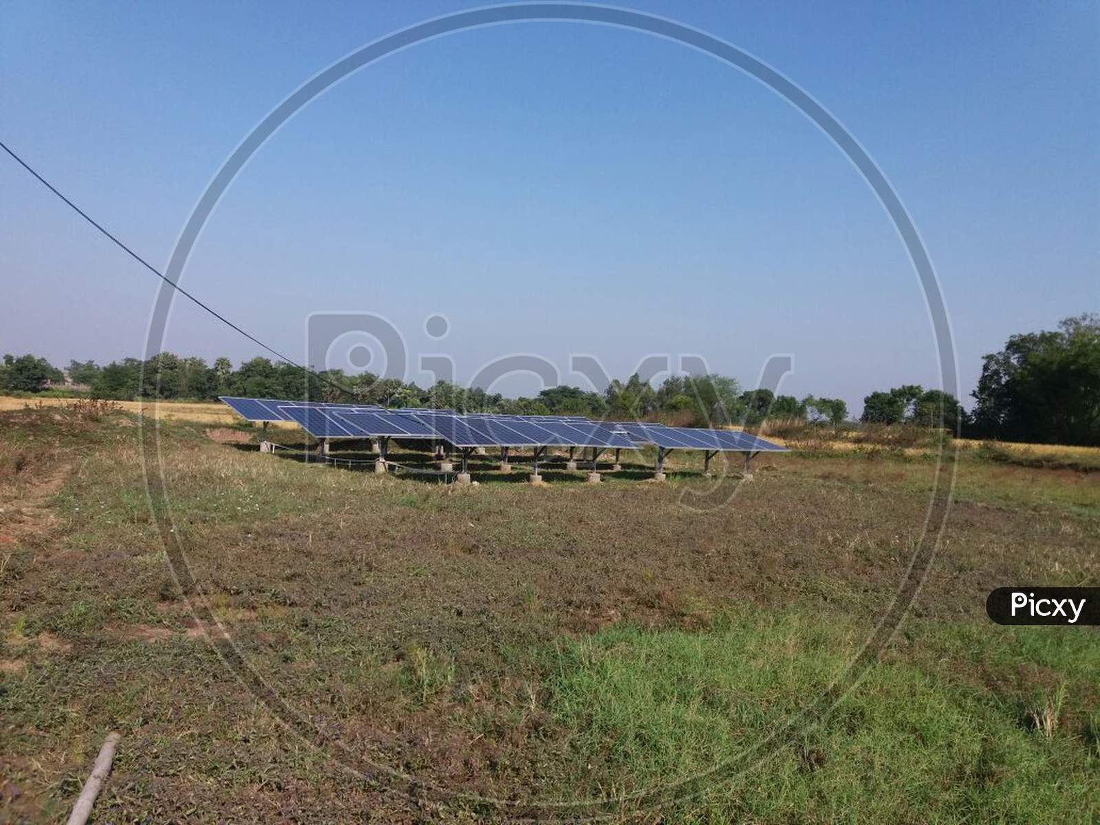 Angle view of Solar panels in field