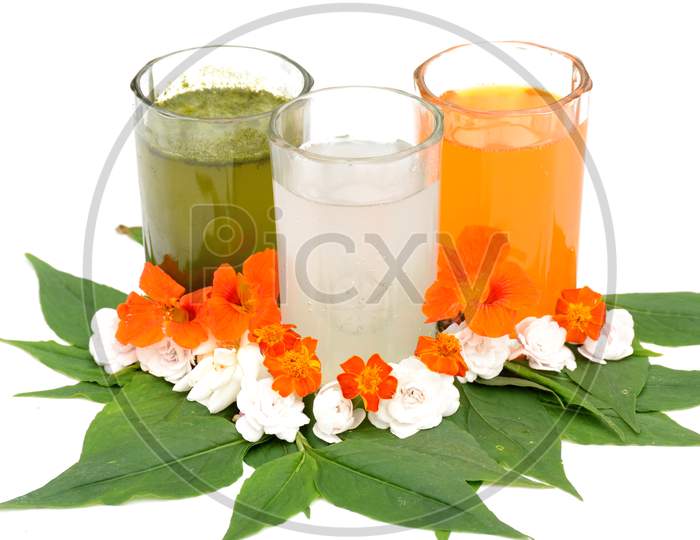 the indian flag from orenge,lychee, mint juice with flowers and green leaves in the memorial day or veteran's day.
