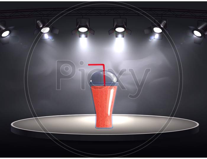 Mock Up Illustration Of Juice Glass On Light Stage