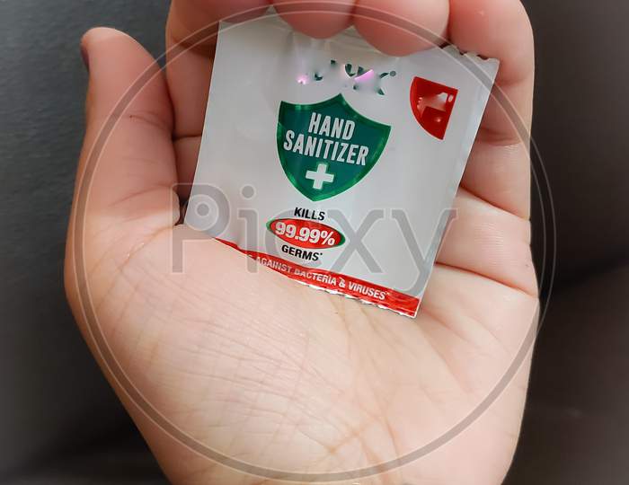 A sachet of hand sanitizer that comes handy to keep you safe from corona virus during COVID 19 pandemic.