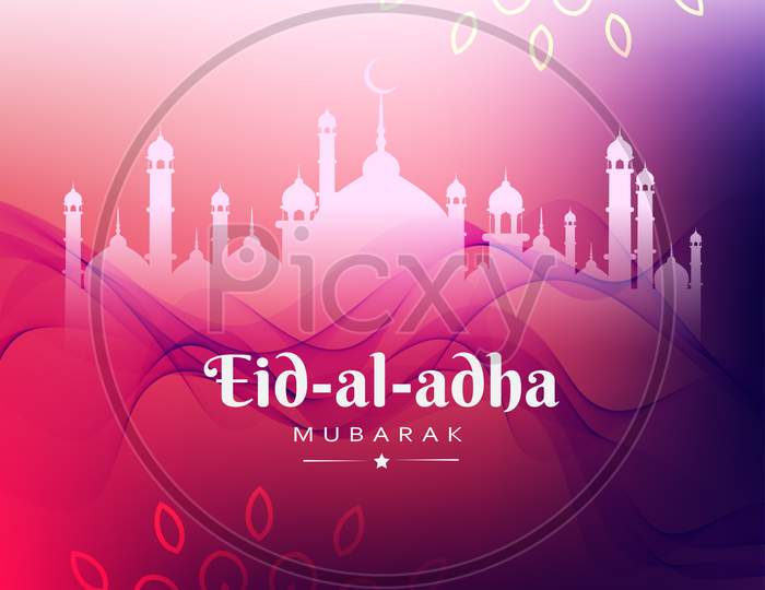 Eid Al Adha, Eid Qurban Mubarak Colored And Wave Pattern Background Greeting, Poster, Vector Illustration